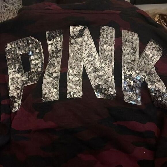 Pink Vs camouflage red bling sequin Sherpa Hoodie hooded sweatshirt jacket Large - Picture 4 of 7